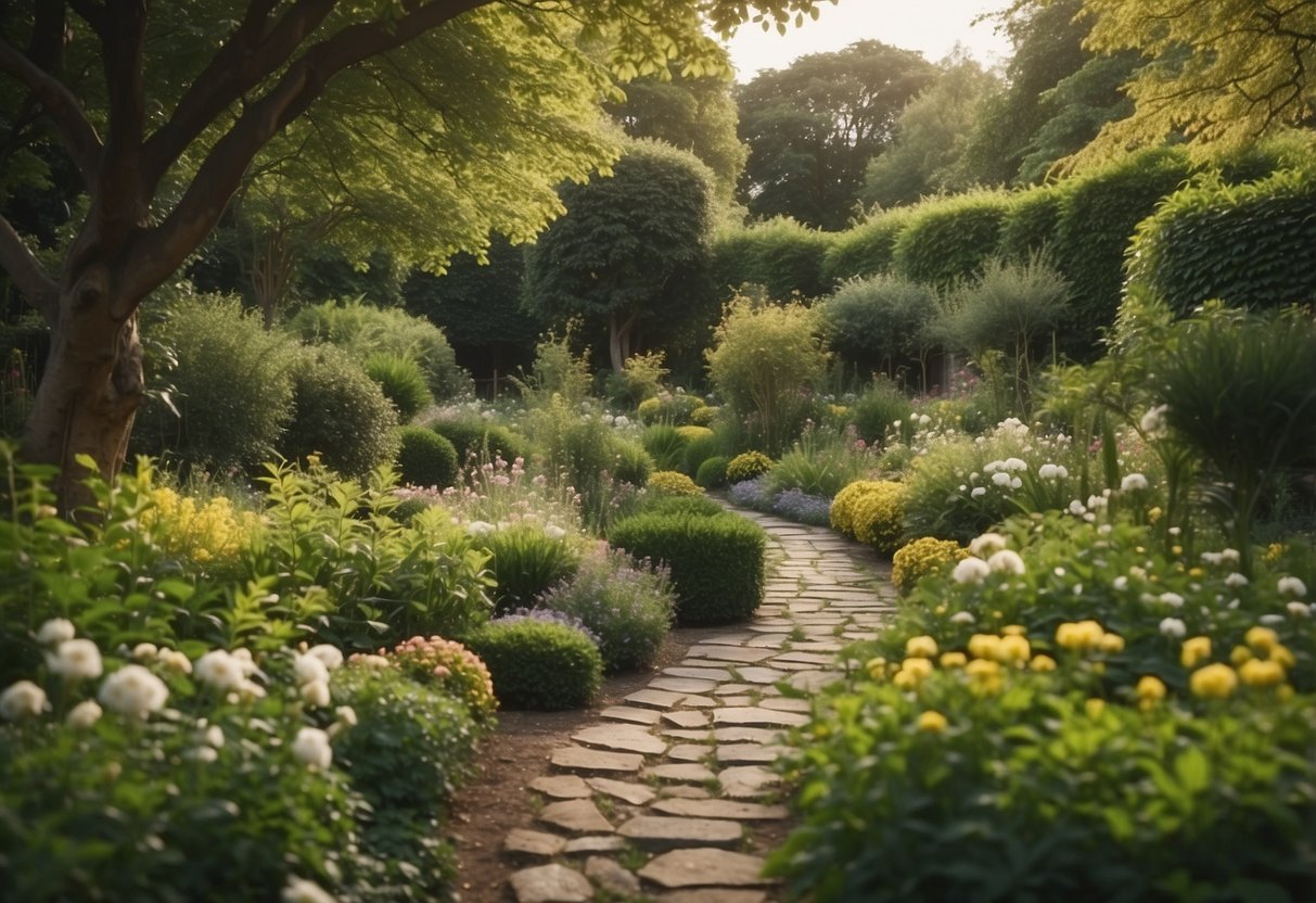 Lush green garden with small fruit trees in bloom. Stone pathway winds through the vibrant foliage. Perfect for a cozy English garden in a limited space