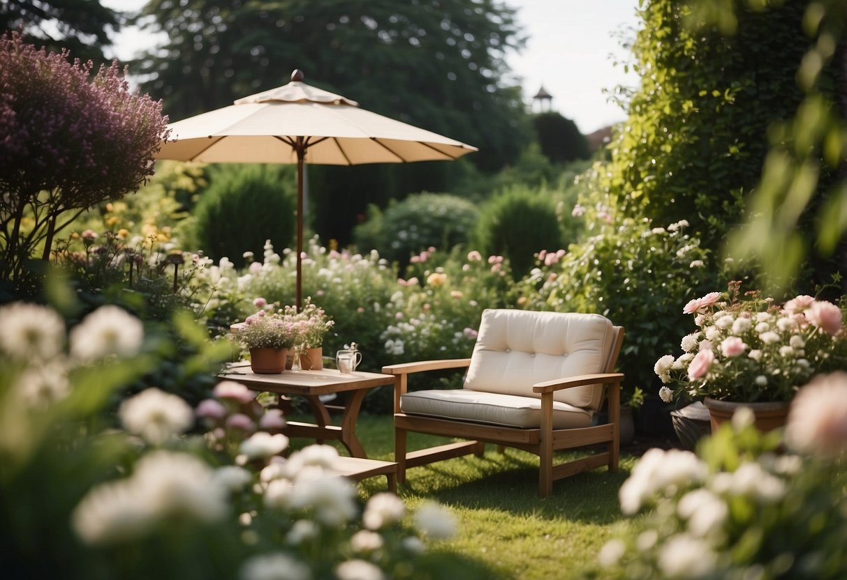 A small, cozy English garden with foldable furniture nestled among blooming flowers and lush greenery