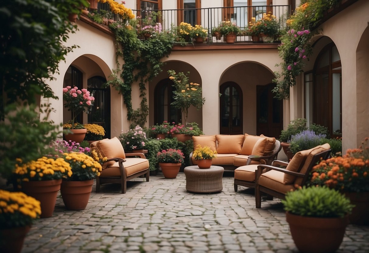 A small courtyard with stacked planters filled with colorful flowers, surrounded by winding paths and a cozy seating area