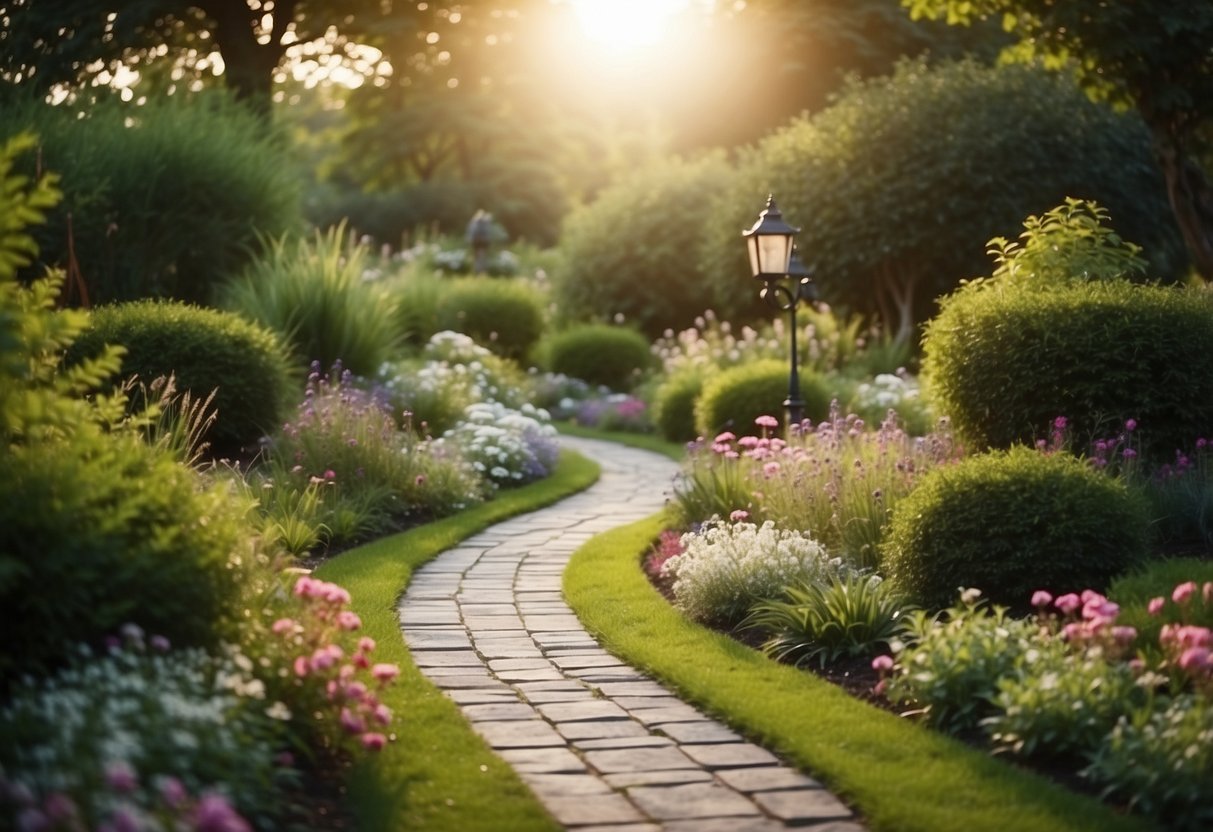 A winding pathway in a small English garden, illuminated by soft pathway lighting, surrounded by lush greenery and colorful flowers