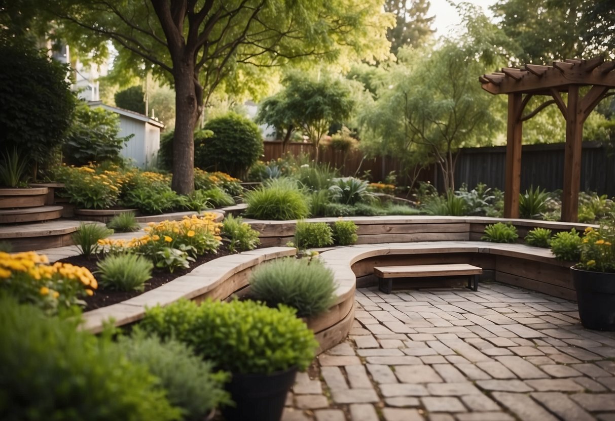 A small backyard with raised flower beds, winding pathways, and a cozy seating area surrounded by lush greenery