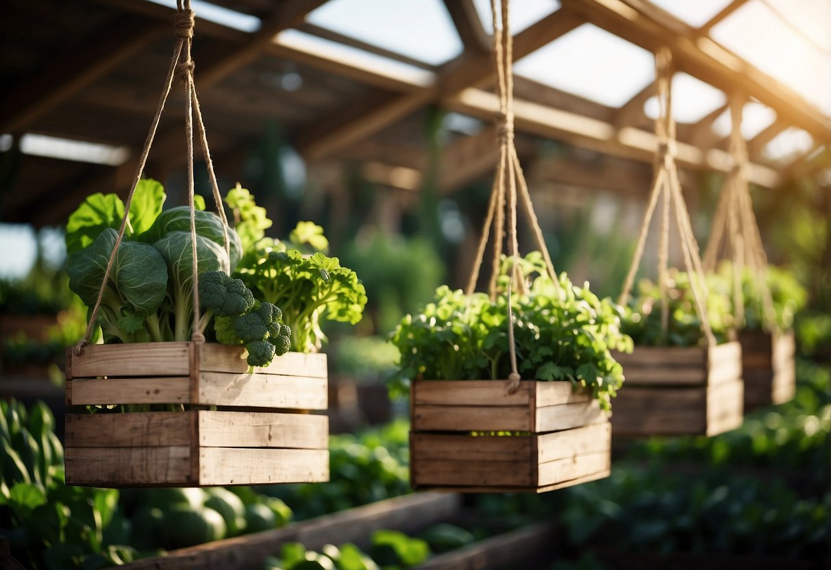 Wooden crates hang from ropes, filled with vibrant green vegetables, creating a unique and charming hanging garden display