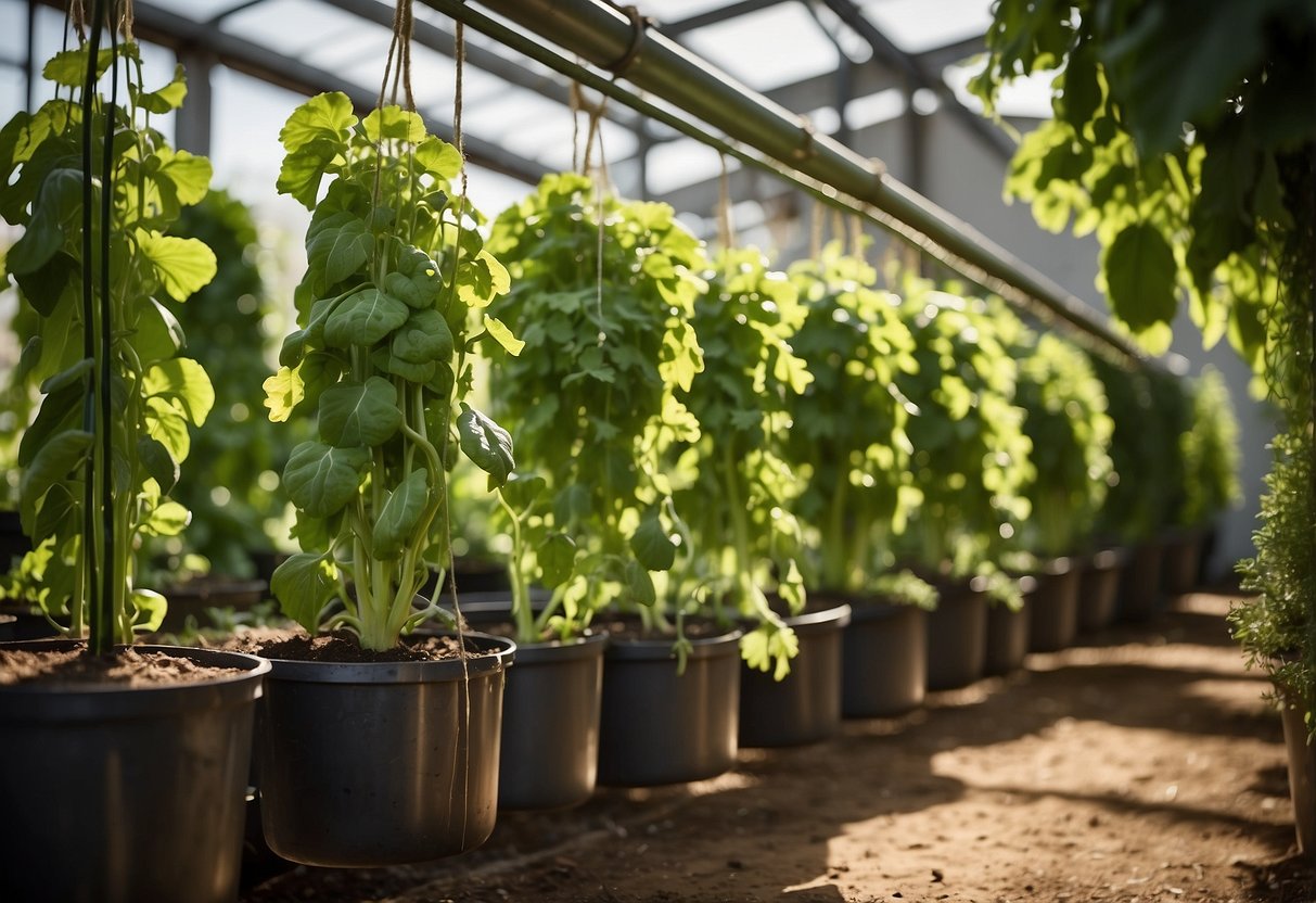 Lush green vegetables hanging from vertical garden structures with watering cans nearby. Bright sunlight illuminates the healthy growth