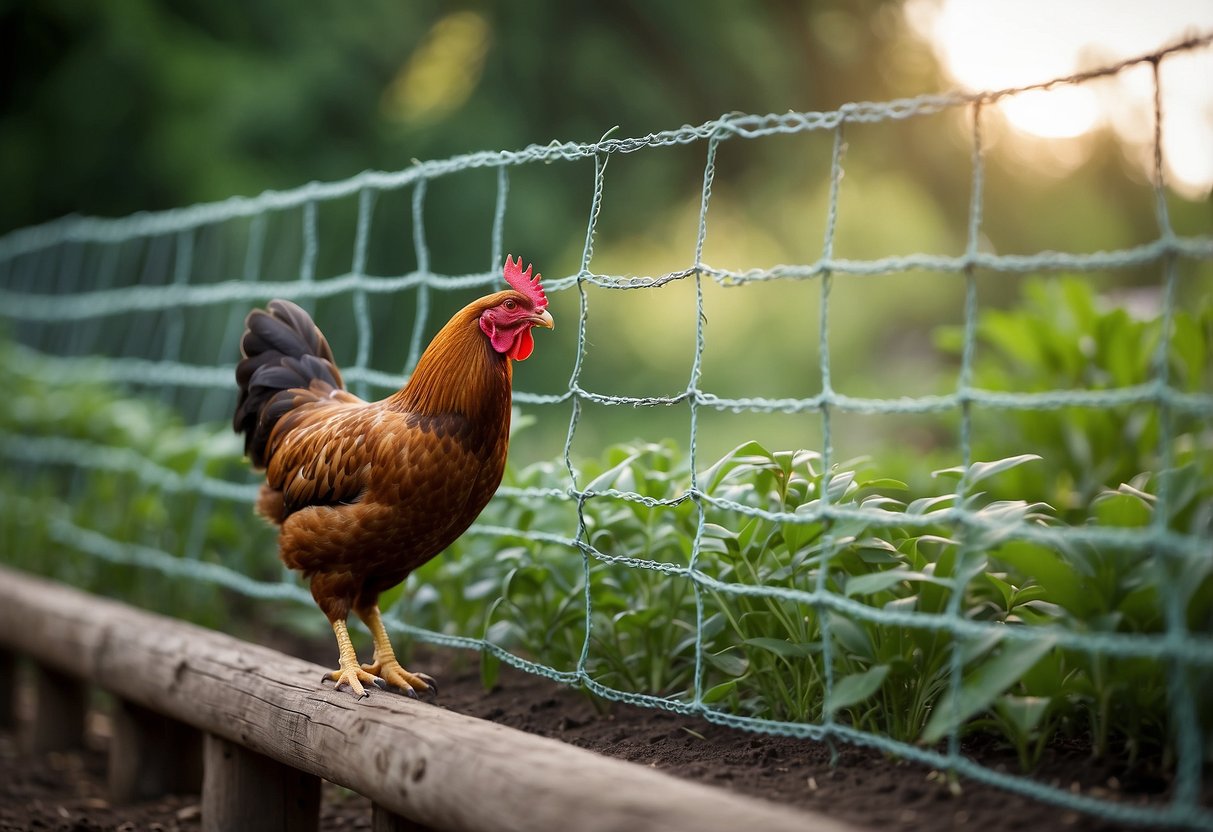 A chicken wire barrier surrounds a lush garden, keeping animals out