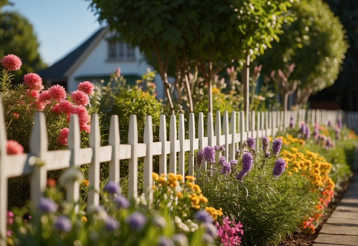 A sturdy picket fence surrounds a lush garden, with tall plants and vibrant flowers, effectively keeping out curious animals