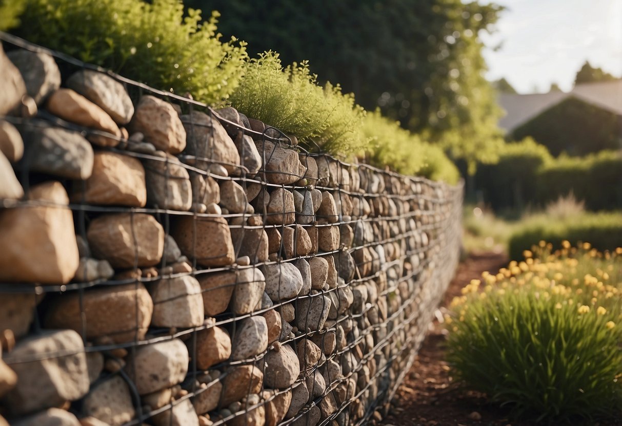 A sturdy gabion wall stands tall, filled with rocks and surrounded by a lush garden. Animals are kept out, while the garden thrives within