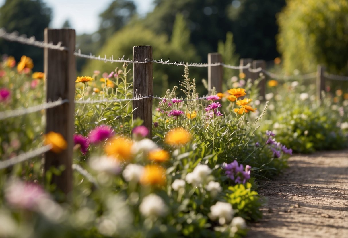 A sturdy wooden fence surrounds a vibrant garden, with tall plants and flowers peeking out from behind it. Mesh wire is attached to the bottom to keep animals out