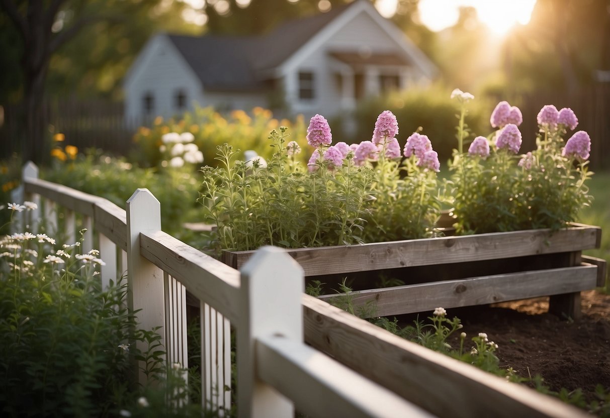 A wooden raised herb garden stands in a quaint New England backyard, surrounded by blooming flowers and a white picket fence