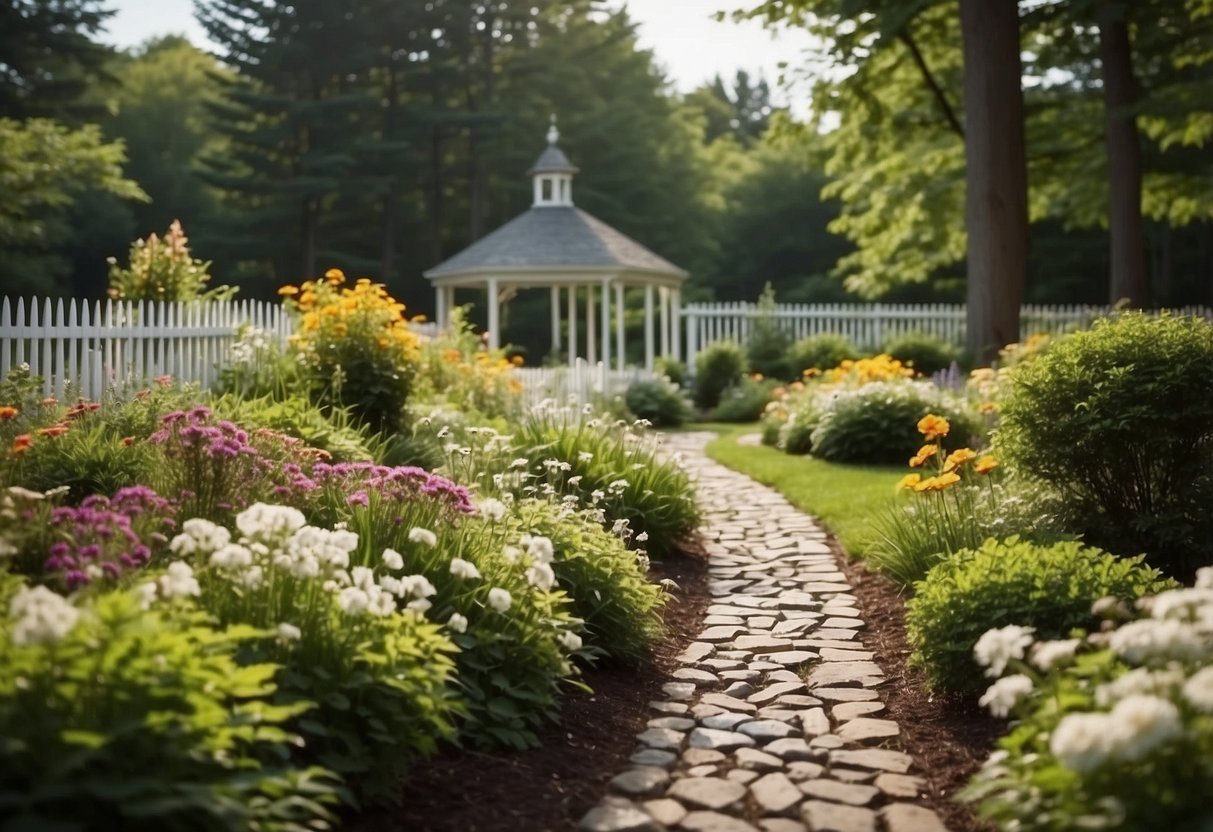 Lush perennial flowers border a winding stone path in a New England garden, with a backdrop of tall trees and a quaint white picket fence