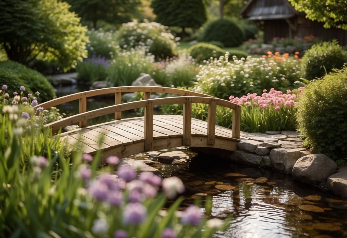 A tranquil garden with a babbling brook, stone pathway, and lush greenery. A small pond is surrounded by colorful flowers and a charming wooden bridge