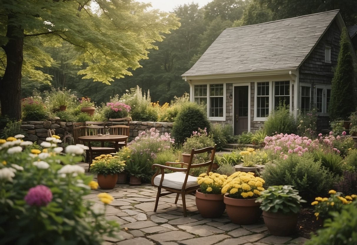 A quaint New England garden with rustic furniture and blooming flowers