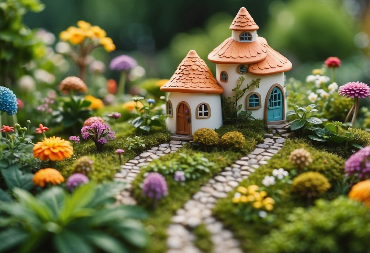 Lush green garden with colorful flowers, winding paths, and whimsical fairy houses nestled among the foliage