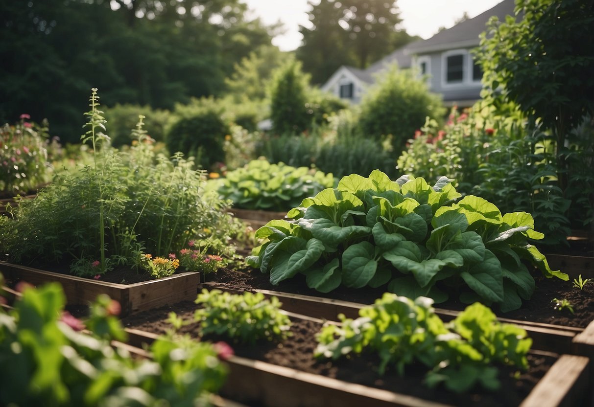 Lush vegetable patches thrive in a New England garden, bursting with colorful produce and surrounded by neatly trimmed paths and trellises