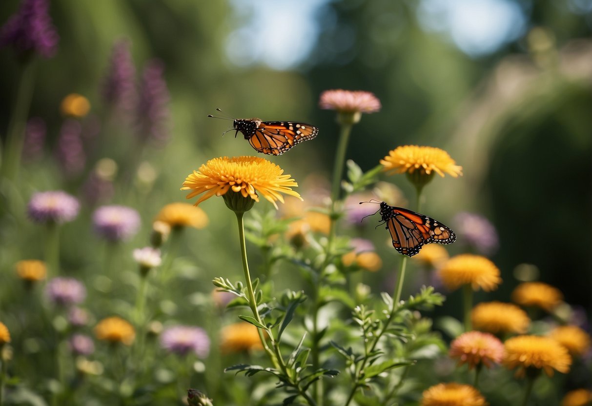 A lush garden filled with native flowers and blooming shrubs, attracting bees and butterflies. Bird feeders and a small pond add to the pollinator-friendly environment