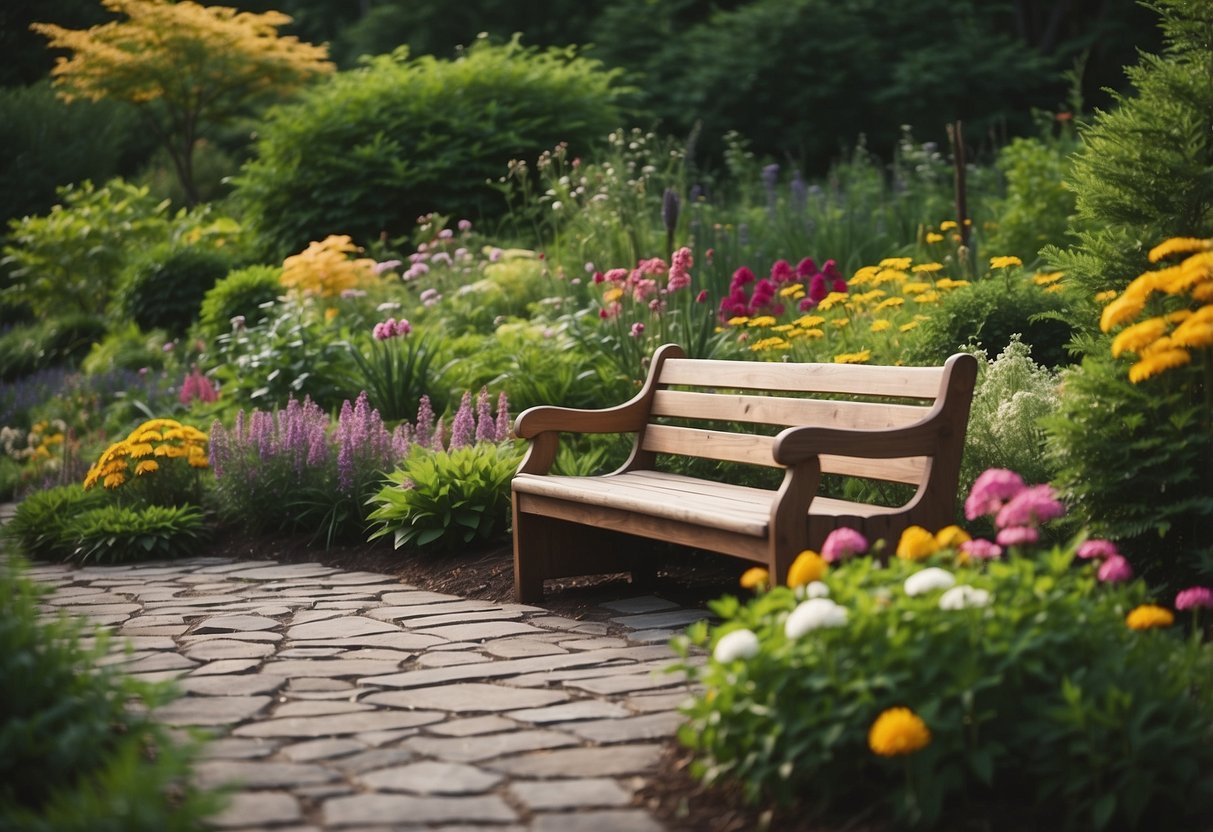 Lush greenery surrounds a quaint wooden bench, bordered by colorful perennials and winding stone pathways in a New England garden