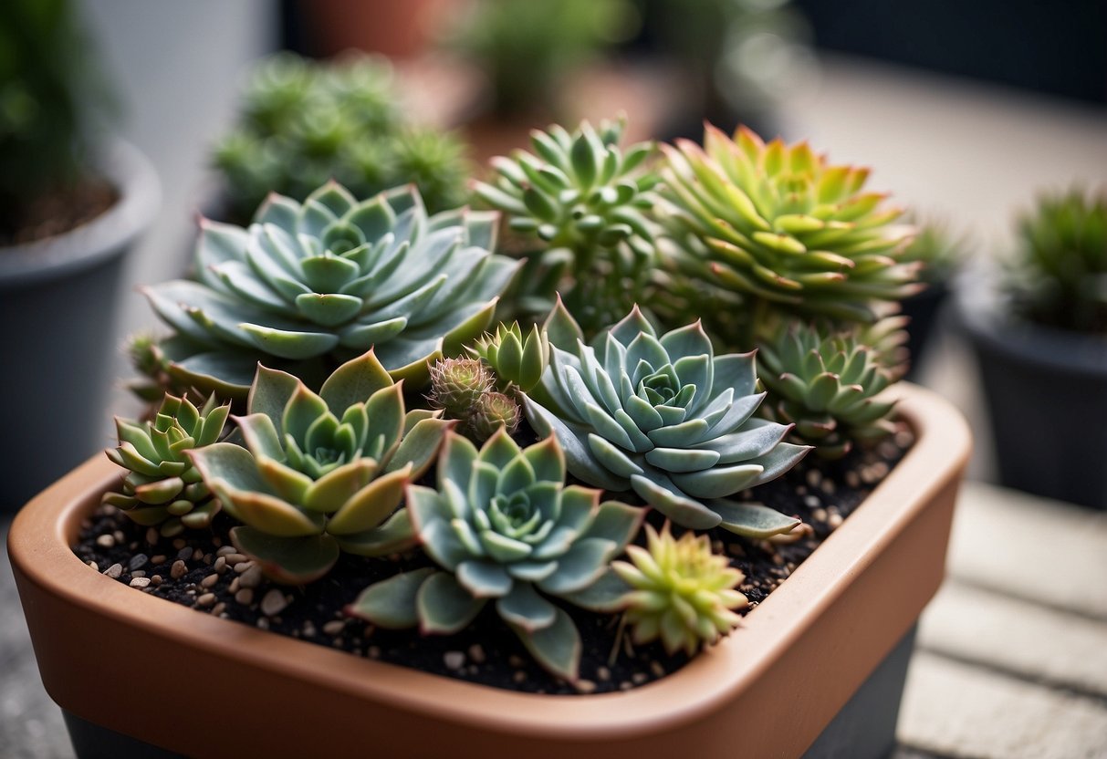 A cluster of potted succulents arranged in a small front garden with no grass