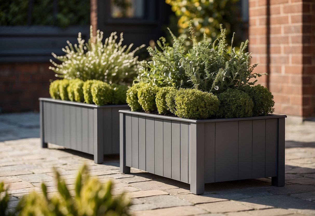 Three raised planter boxes sit in a small front garden with no grass