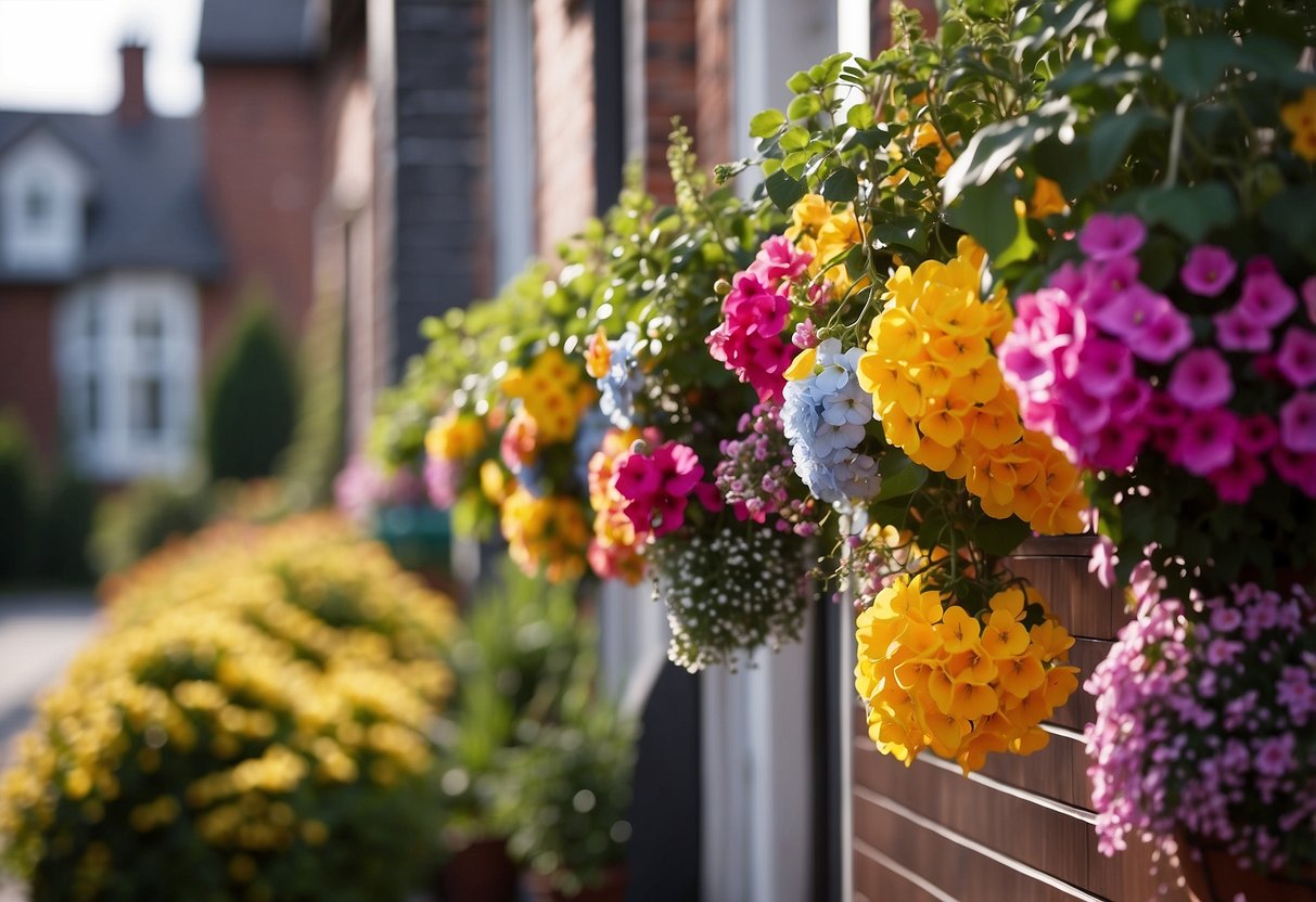 Colorful hanging baskets adorn a small front garden with no grass