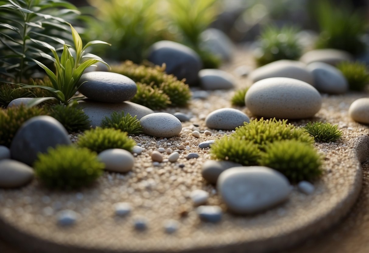 A small Zen garden with rocks, sand, and a few carefully placed plants. No grass, just a tranquil and minimalist design