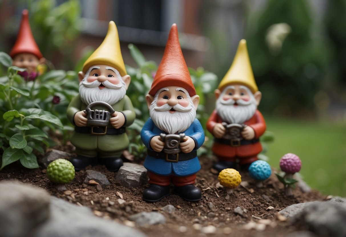 Colorful garden gnomes and figurines adorn a small front garden with no grass