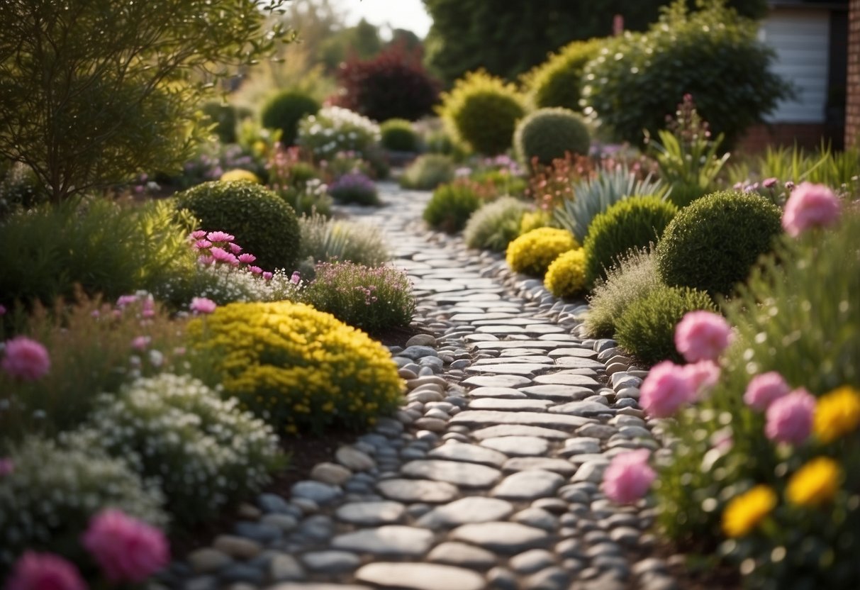 A winding pebble pathway meanders through a small front garden, bordered by vibrant flowers and shrubs. No grass is present, creating a low-maintenance and visually appealing landscape