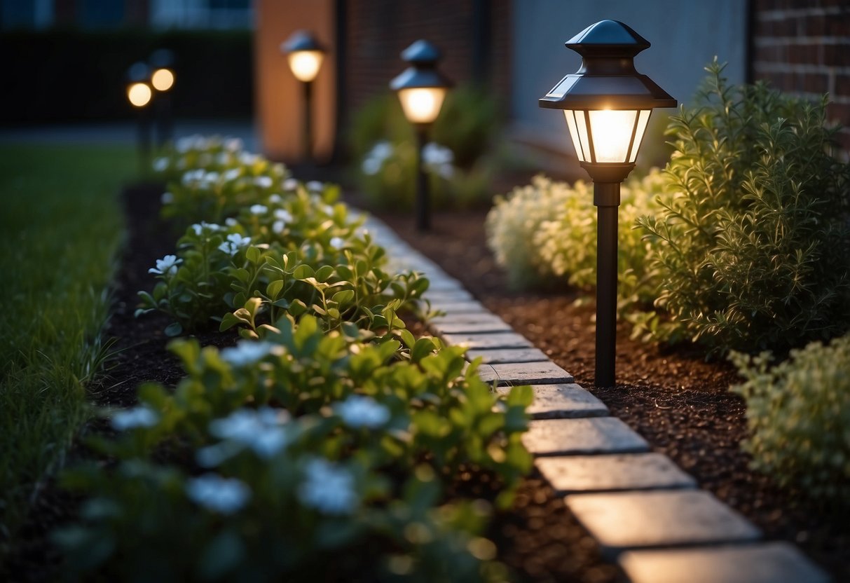 A small front garden with solar garden lights, no grass