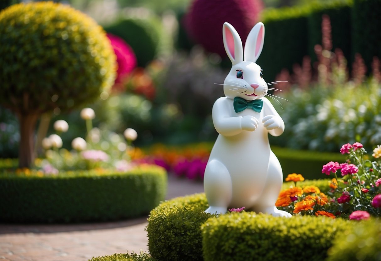 A white rabbit-shaped topiary stands in a whimsical Alice in Wonderland garden, surrounded by vibrant flowers and lush greenery