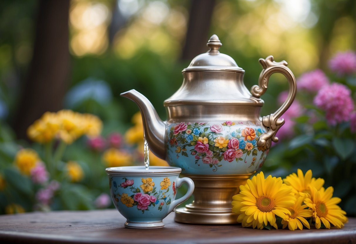 A whimsical teapot fountain gushes with cascading water in an Alice in Wonderland garden, surrounded by colorful flowers and oversized playing cards