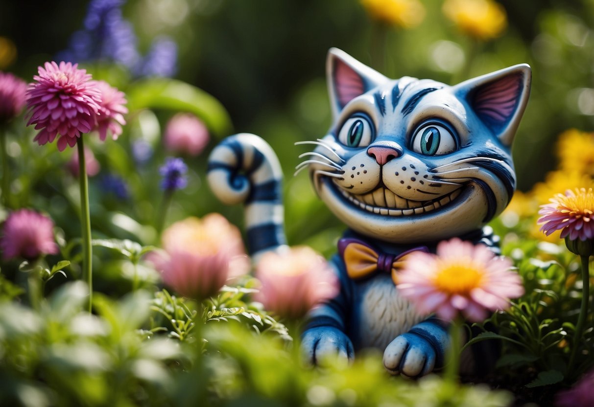 A whimsical Cheshire Cat garden statue sits among colorful flowers and lush greenery, evoking the enchanting world of Alice in Wonderland