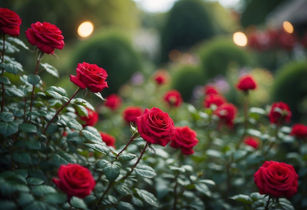 The Queen of Hearts' red rose bushes bloom in a whimsical Alice in Wonderland garden, creating a vibrant and enchanting scene