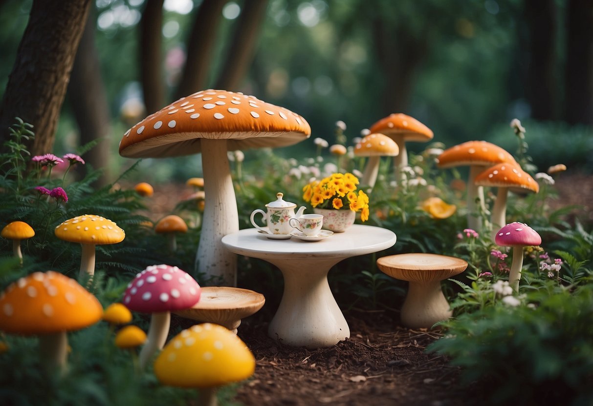 A whimsical garden with oversized mushrooms serving as seating for a tea party. Vibrant flowers and curious creatures add to the magical atmosphere