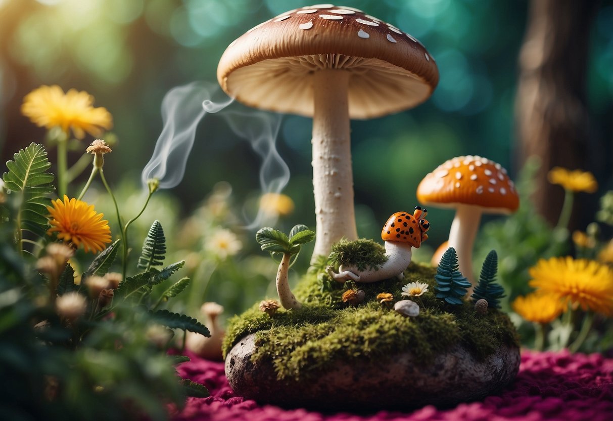 A whimsical garden with oversized mushrooms, colorful flowers, and a caterpillar smoking hookah on a vibrant rug surrounded by lush greenery