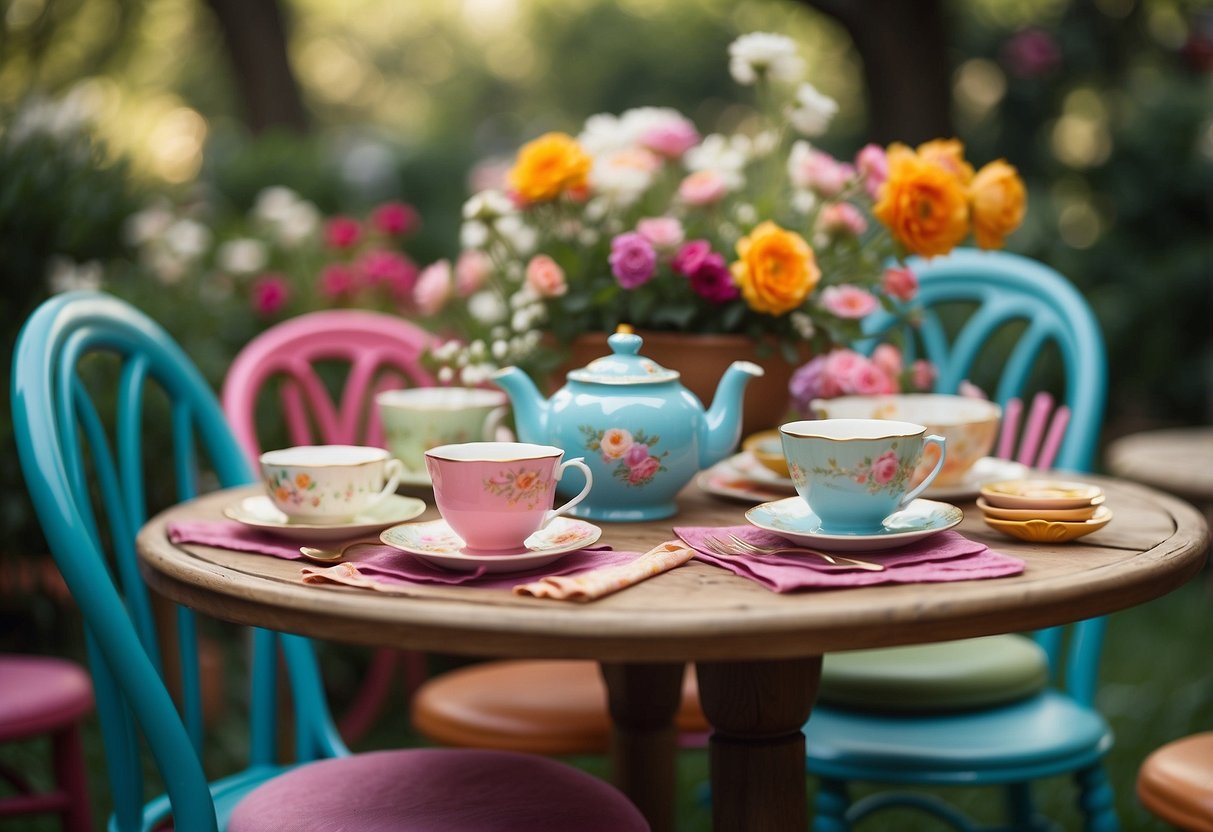 A whimsical tea party set with mismatched chairs and tables in a colorful garden setting, surrounded by oversized teacups and saucers, and adorned with playful floral decorations