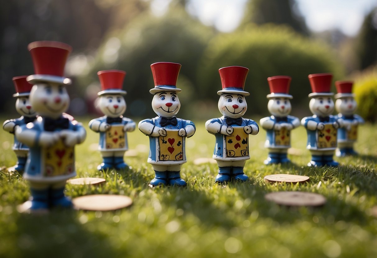 A row of playing card soldiers stand at attention, serving as whimsical lawn ornaments in an Alice in Wonderland themed garden