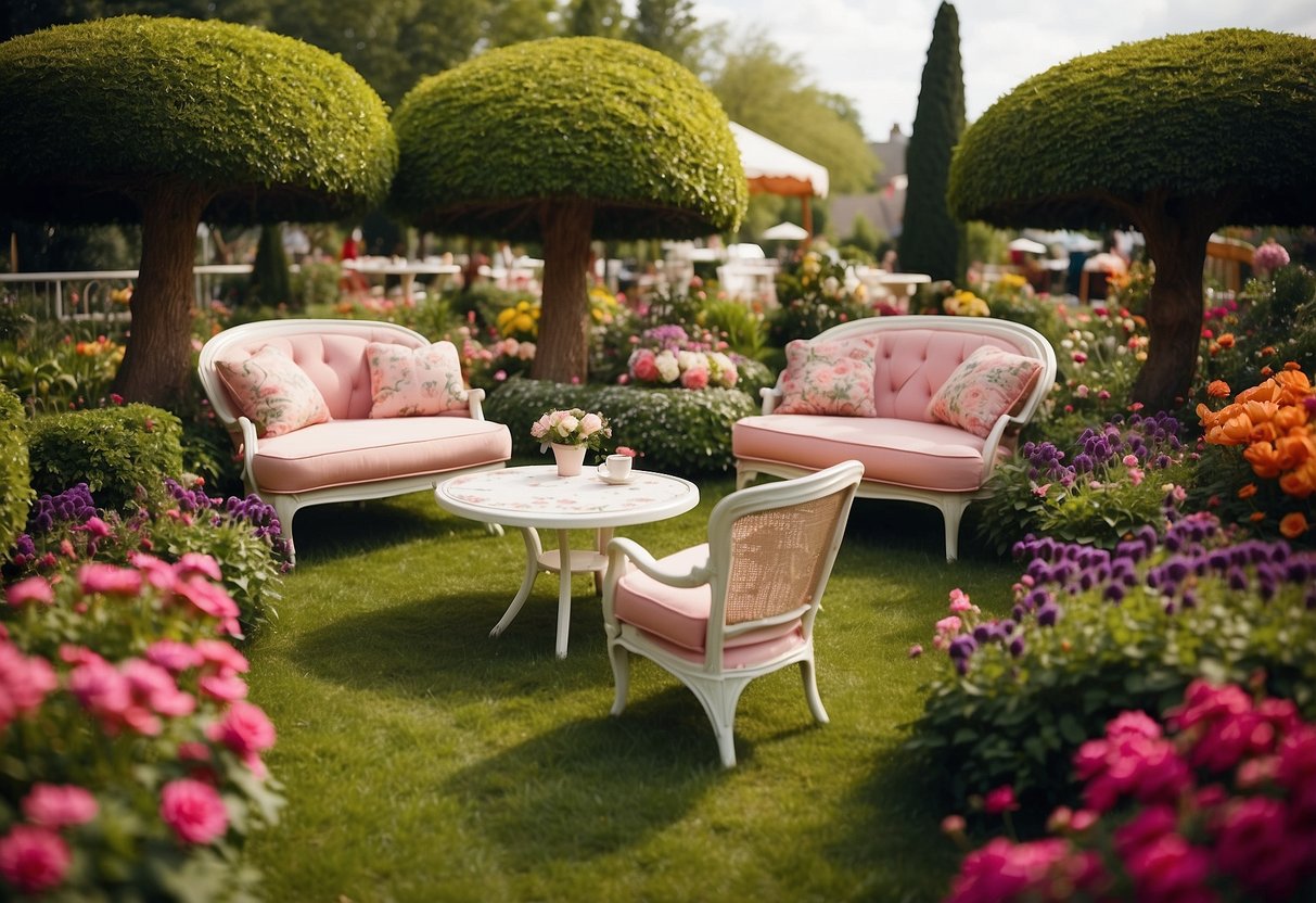 A whimsical garden with oversized teacup chairs, mushroom stools, and a giant playing card table, all surrounded by vibrant flowers and towering topiaries