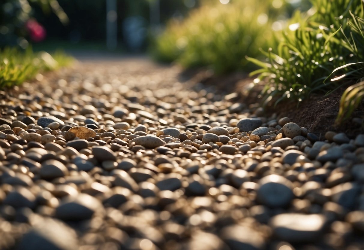 A gravel trench runs through a garden, diverting water and preventing flooding