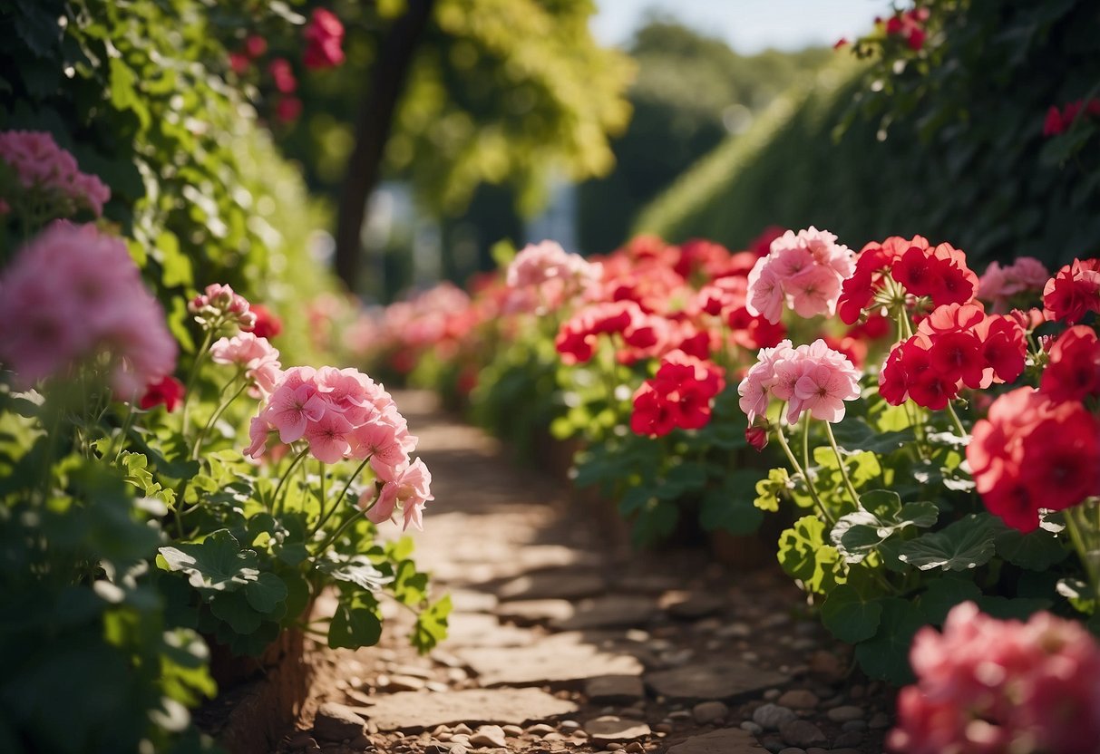 Vibrant geraniums line a garden path, bursting with color and life. Lush green leaves frame a sea of red, pink, and white blooms, creating a stunning display of natural beauty