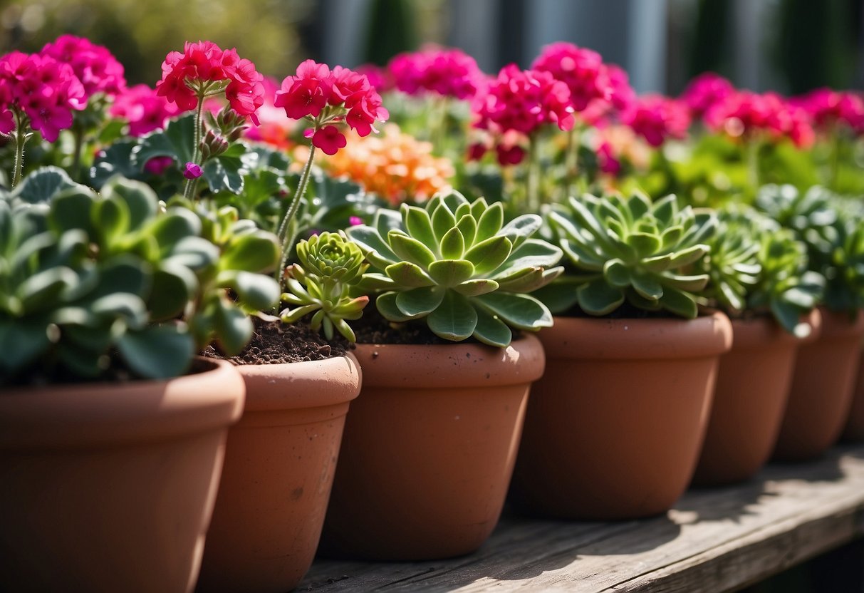 A vibrant array of geranium and succulent planters line the garden, creating a colorful and lively display of natural beauty