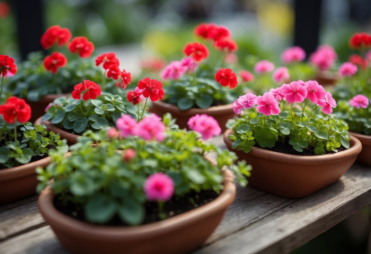 A cozy patio filled with miniature geranium gardens in various pots and planters, with vibrant red, pink, and white blooms creating a colorful and lively scene