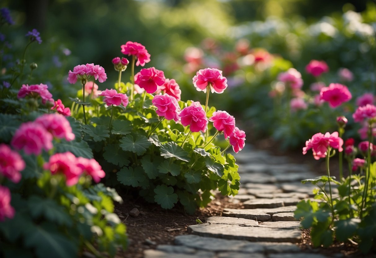 Vibrant geraniums line winding garden paths, creating a colorful and inviting atmosphere. The flowers spill over the edges of the paths, adding a touch of natural beauty to the serene setting