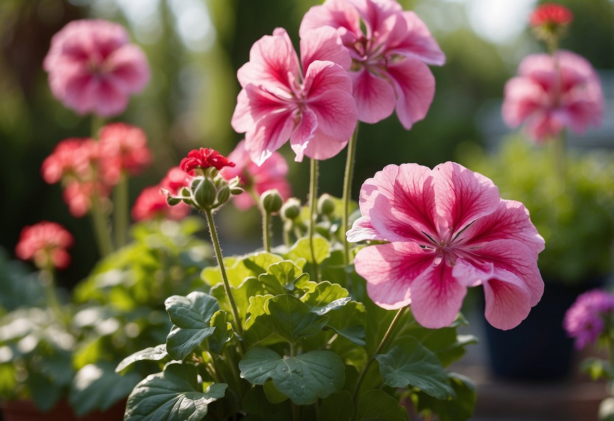 Vibrant geraniums bloom around whimsical garden ornaments, adding color and charm to the outdoor space