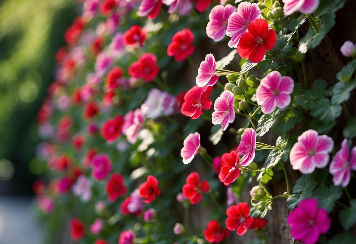 A vibrant array of vertical geranium gardens cascading down a stone wall, creating a colorful and lush display of flowers in various shades of pink, red, and white