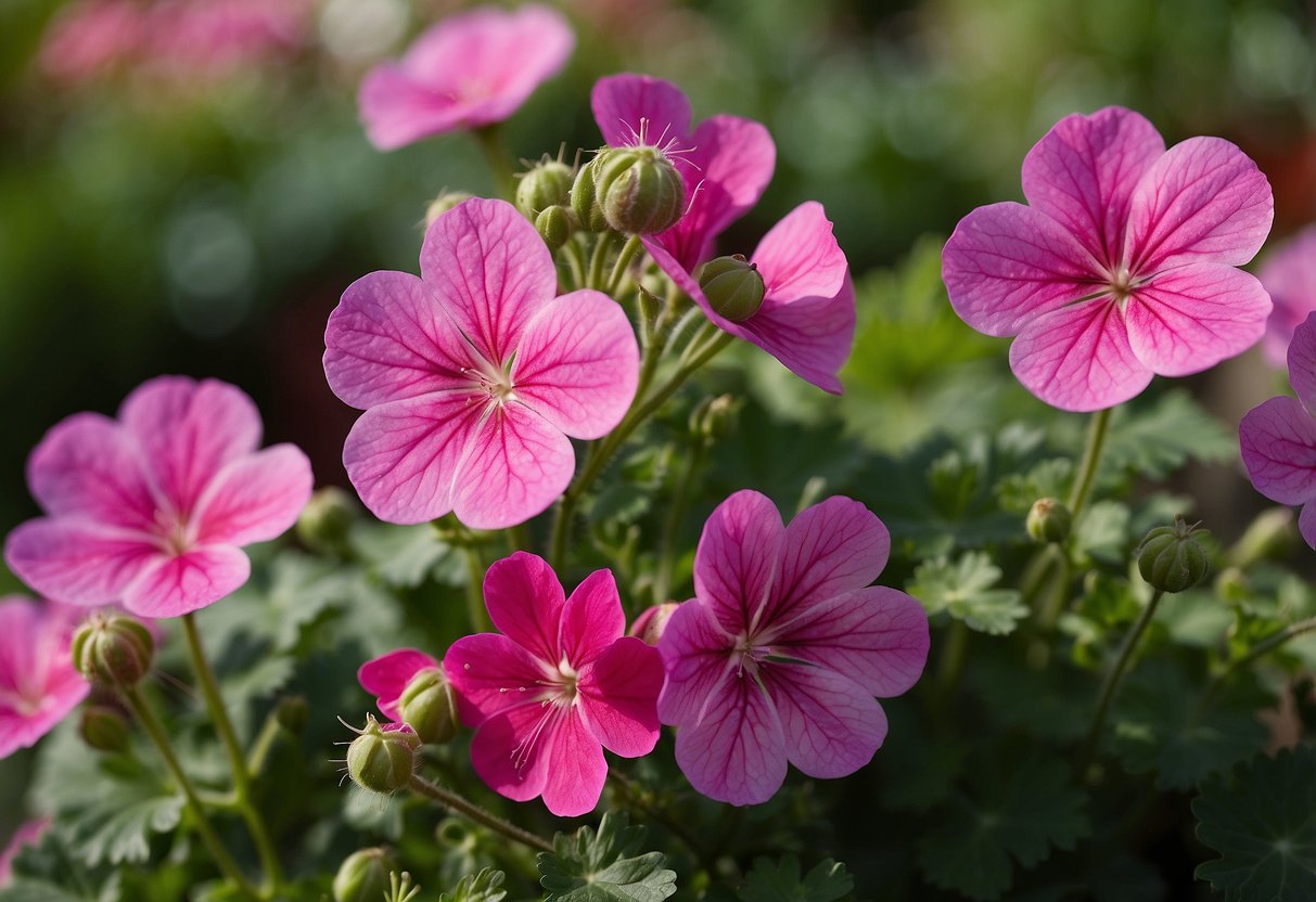 A colorful array of geranium varieties fills a well-tended garden, showcasing different shapes, sizes, and vibrant hues. The scene exudes a sense of careful selection and thoughtful arrangement