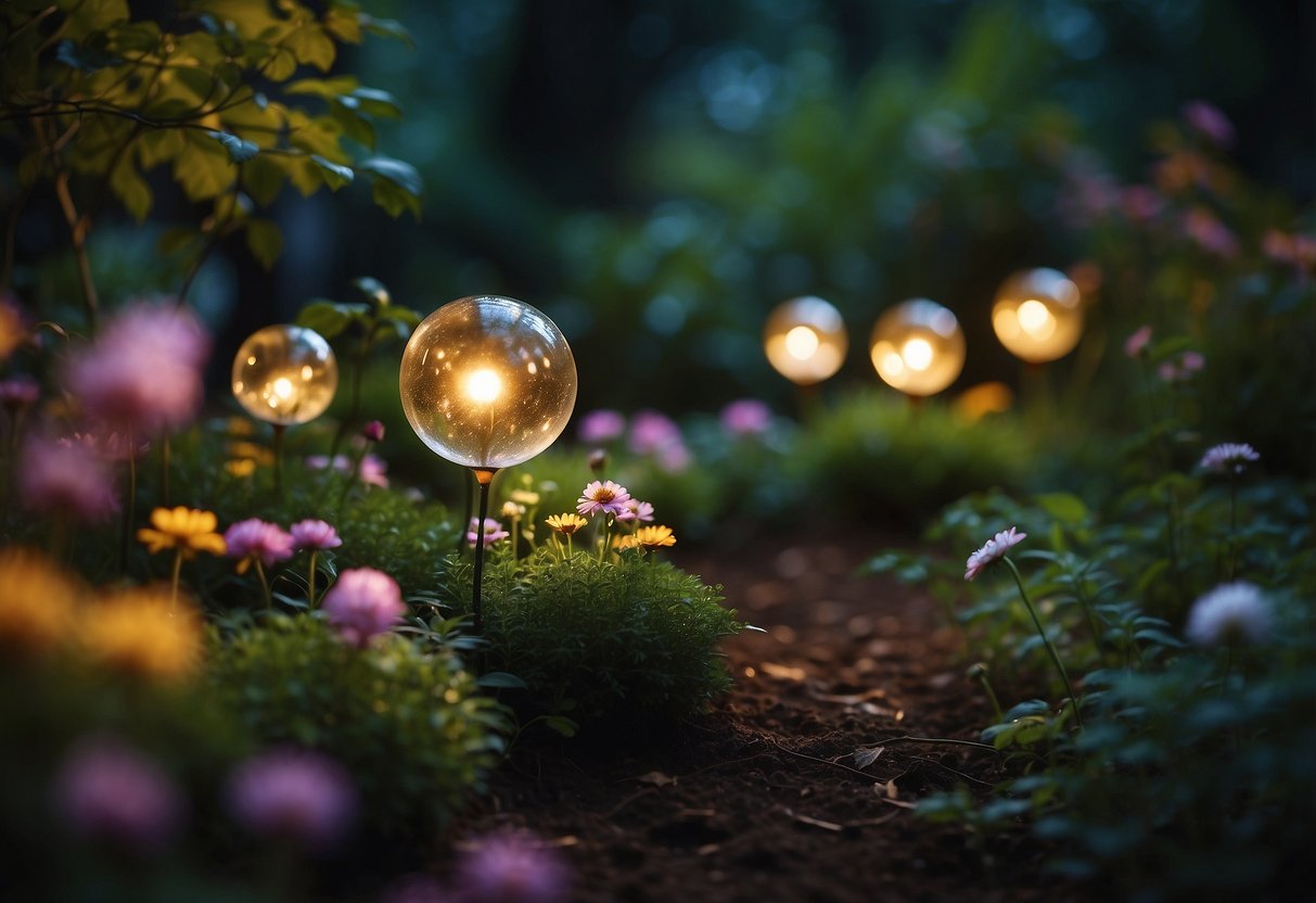 Vibrant garden orbs emit a soft, enchanting glow amidst lush foliage and blooming flowers, creating a magical and ethereal atmosphere in the dark garden