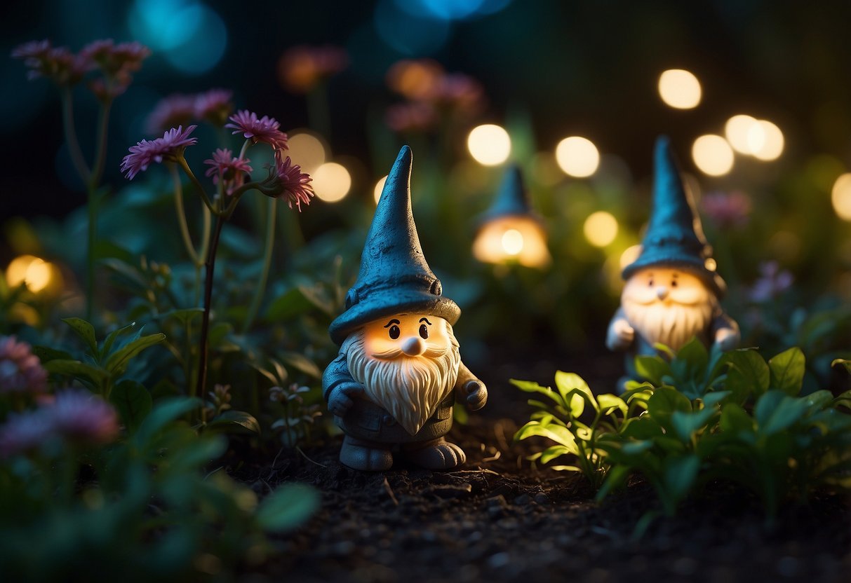 Glowing neon garden gnomes illuminate a lush garden at night