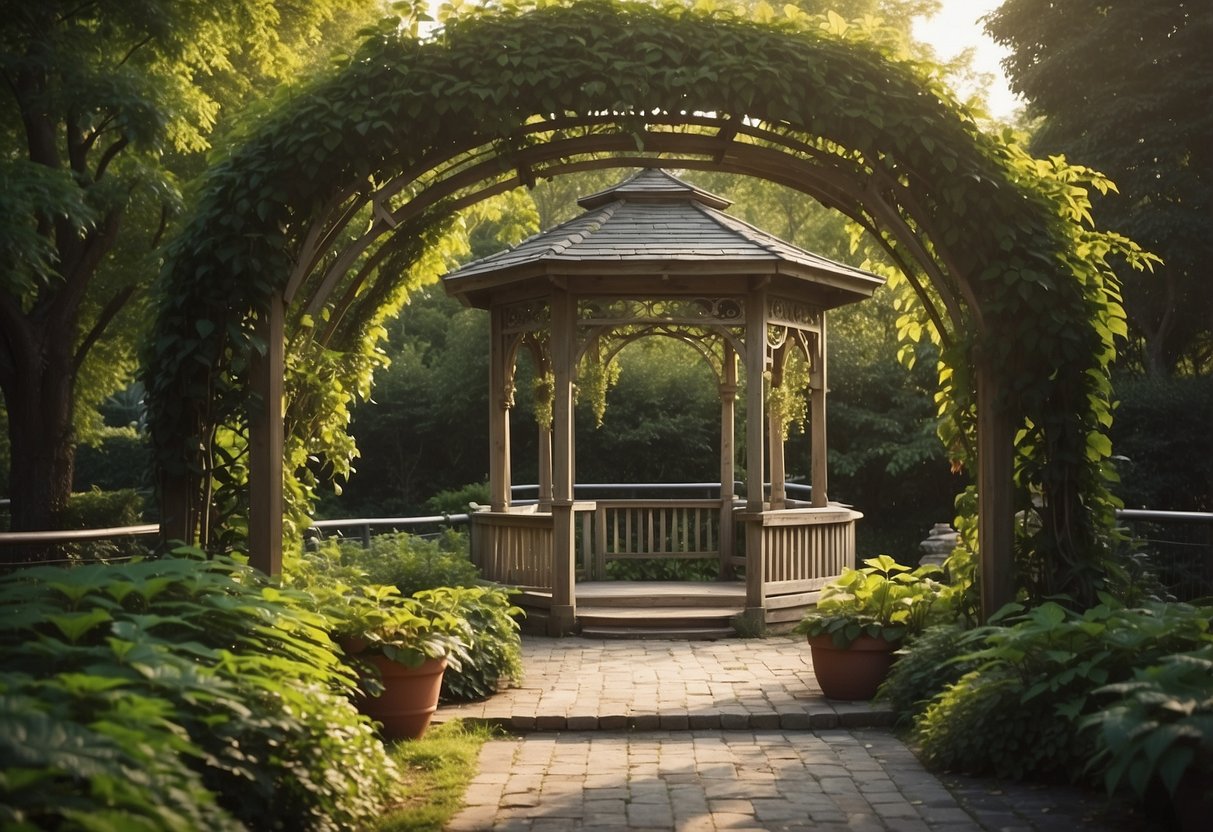 A gazebo stands surrounded by lush climbing vines, creating a serene and natural garden hardscape