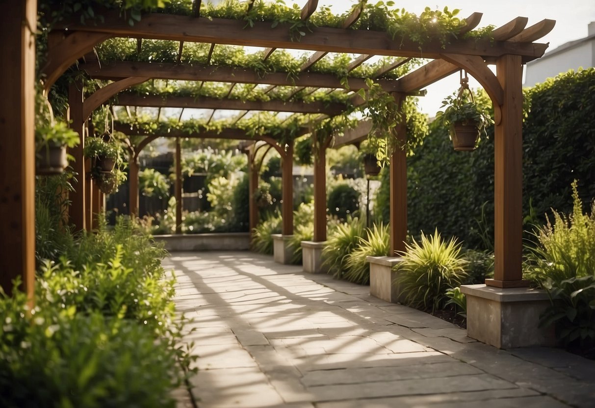 A pergola stands adorned with hanging plants, creating a lush and inviting garden hardscape