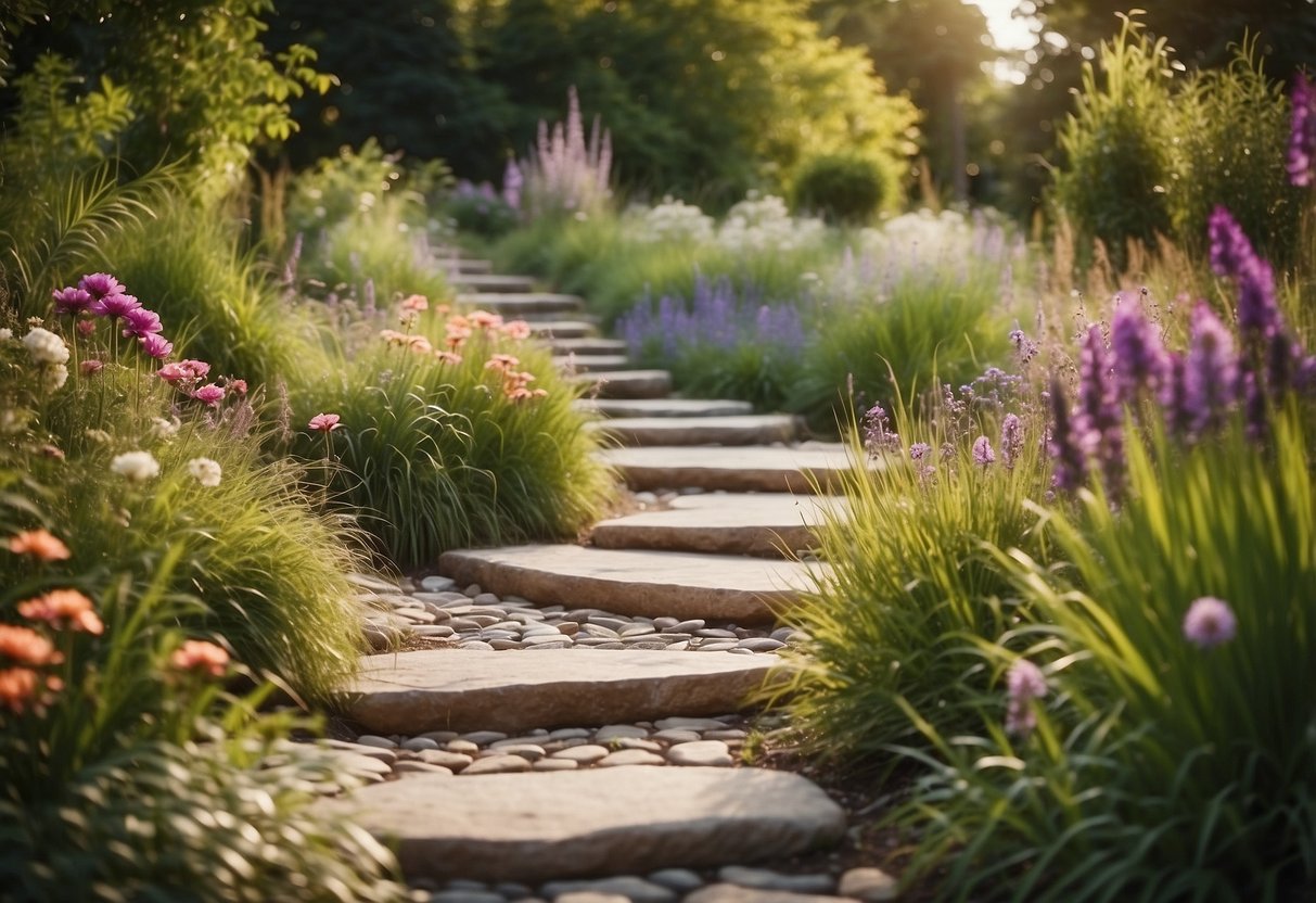 A stone pathway winds through a lush garden, leading to a cozy seating area surrounded by tall, ornamental grasses and colorful flowers