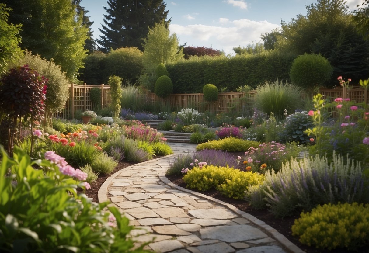 A garden with various hardscape elements such as stone pathways, decorative walls, and raised planters. Lush greenery and colorful flowers complement the design