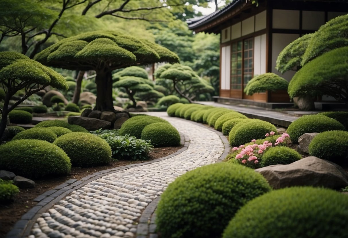 A tiled footpath winds through a serene Japanese garden, bordered by lush greenery and blooming flowers